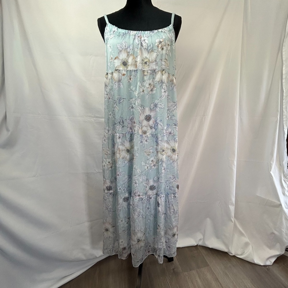 Elena Baldi Maxi Dress Womens Small Sky Blue Purple Floral Silk Blend Tiered